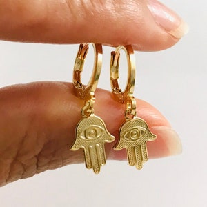 18K Gold Filled Hamsa Earring, Gold Filled Fatima Hand, Gold Filled Hamsa Hoop, Dangle Earrings/ Argollas, Aretes Mano De Fatima -   E44