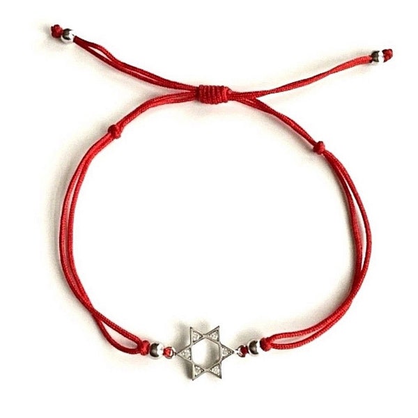 925 Sterling Silver Star of David red bracelet luck,protection adjustable for Adults and Kids/Pulsera plata Estrella de David rojo.-  B95