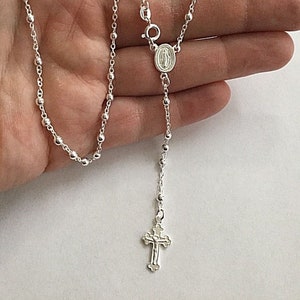 925 Sterling Silver Italian rosary necklace protection and good luck 16" long 3mm / rosario de plata esterlina para proteccion 16" largo 3mm