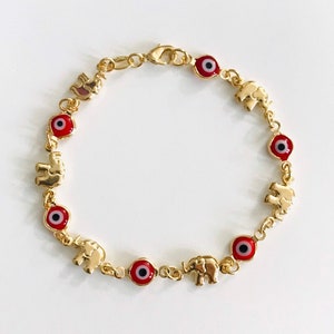 18K Gold  Filled Red Evil Eye Elephant Bracelet  7,5 ", Protection, Red Eye /Pulsera de elefante con ojo rojo de buena suerte 7,5”- B127