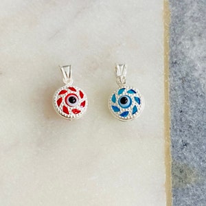 925 Sterling Silver Murano Glass 14mm Evil Eye Pendant, 925 Silver Round Evil Eye Charm, Light Blue, Red Evil Eye Pendant, Silver Eye - P146