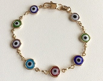 18K Yellow Gold Multi Color Eye Bracelet 6 inch