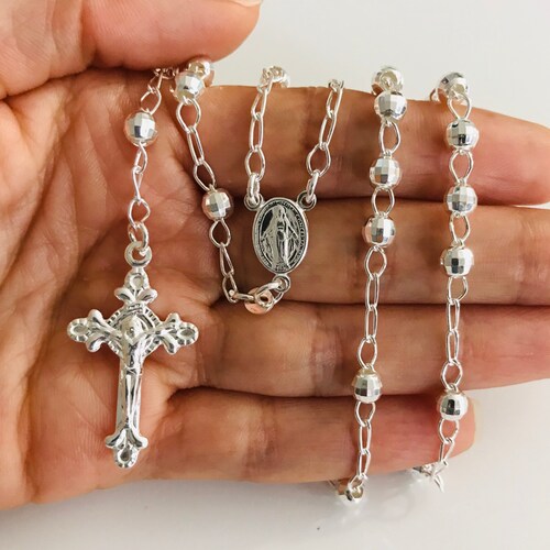 925 Sterling Silver Italian Rosary Necklace, Miraculous Virgin, Diamond Cut, 24” 5mm / Rosario shops de Plata Esterlina, Milagrosa 24” 5mm- SN11