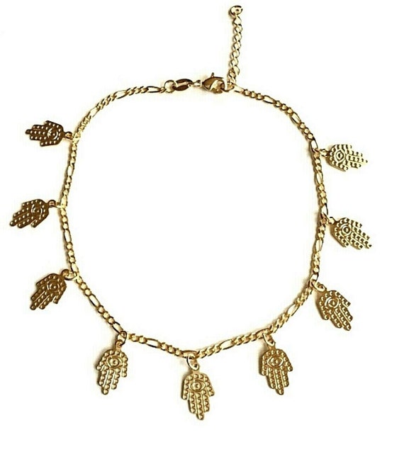 18K GOLD FILLED CADENA DE MANO DE FATIMA Y OJO DE LA BUENA SUERTE 18/" LARGO