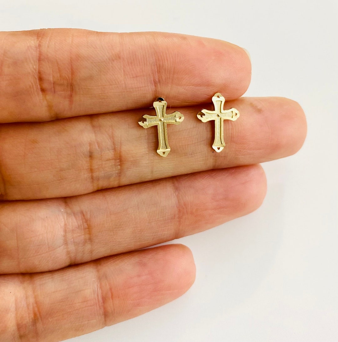 14K Solid Gold Cross Stud Earrings 14K Solid Gold Butterfly Closure