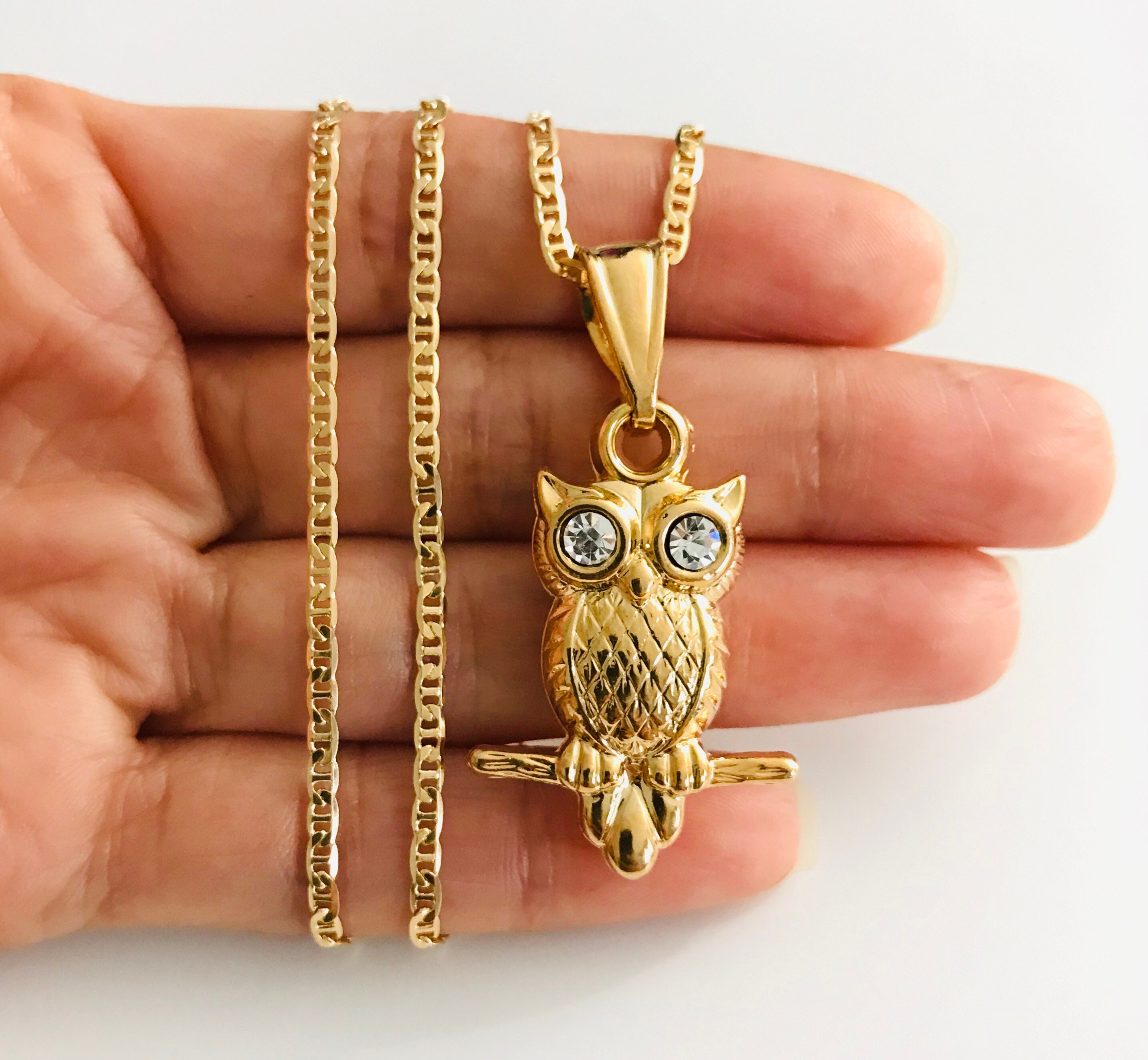 18K Gold Filled Owl Necklace 24 Long for Good Luck 18k Gold