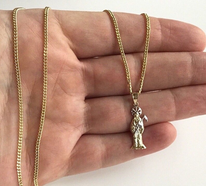10k real gold 2 tone grim reaper necklace 18 long 10k oro real cadena de santa muerte 18 largo