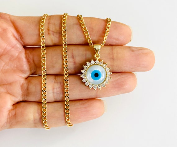 18K Gold Filled Blue Evil Eye Pendant Necklace Mother of Pearl