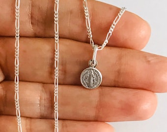 925 sterling silver Saint Benedict, Pendant, Necklace, Dainty Jewelry, Tiny /Cadena o dije de San Benito en 925 Plata para Buena Suerte-N57