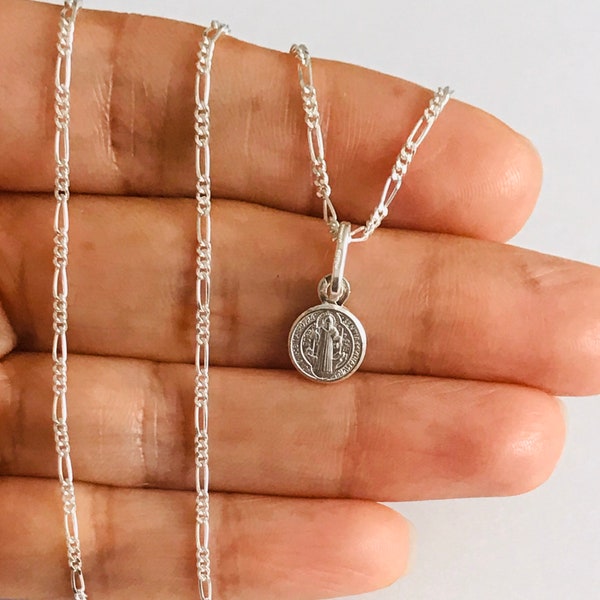 925 sterling silver Saint Benedict, Pendant, Necklace, Dainty Jewelry, Tiny /Cadena o dije de San Benito en 925 Plata para Buena Suerte-N57