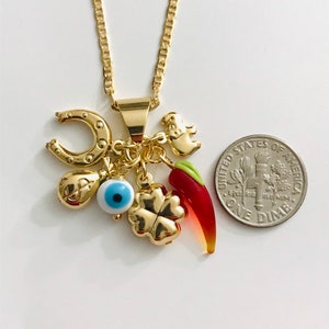 18K Gold Filled Charm Evil Eye, Elephant, Clover Necklace for good luck/18k Gold Filled Cadena de Buena Suerte P107 image 3