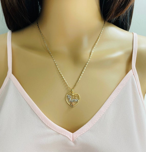 14K Solid Gold Heart I Love You Necklace 24mm Gold Heart Pendant
