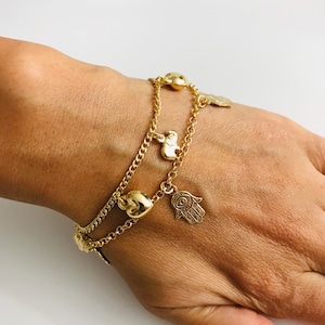 18k Gold Filled Charm Hamsa, Elephant, Heart Bracelet 7” long Adult, Charm Bracelet/ Pulsera de la buena suerte, amor, proteccion 7".- B123