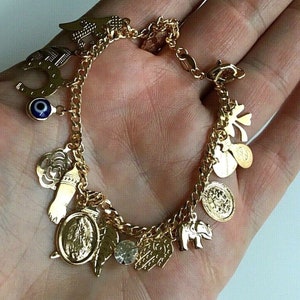 18K Gold Filled Multi Charm Good Luck ,Money Bracelet 7,25" long  /Pulsera de Buena Suerte.Dinero,Proteccion 7,25" largo - B48