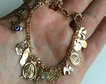 18K Gold Filled Multi Charm Good Luck ,Money Bracelet 7,25" long  /Pulsera de Buena Suerte.Dinero,Proteccion 7,25" largo - B48