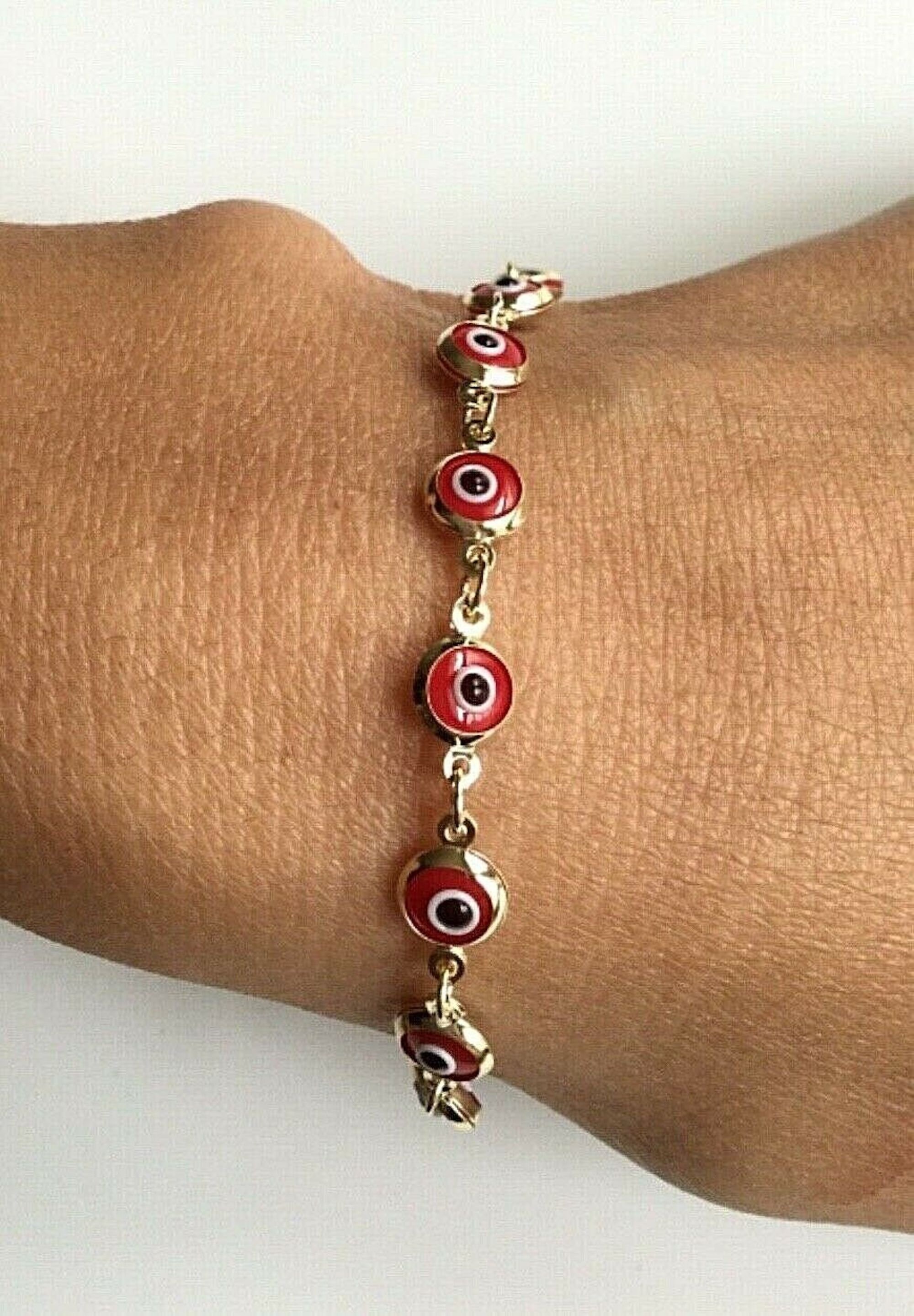 14K Solid Gold 6mm Red Evil Eye Bracelet 7.25Long 3.6gr Etsy.de