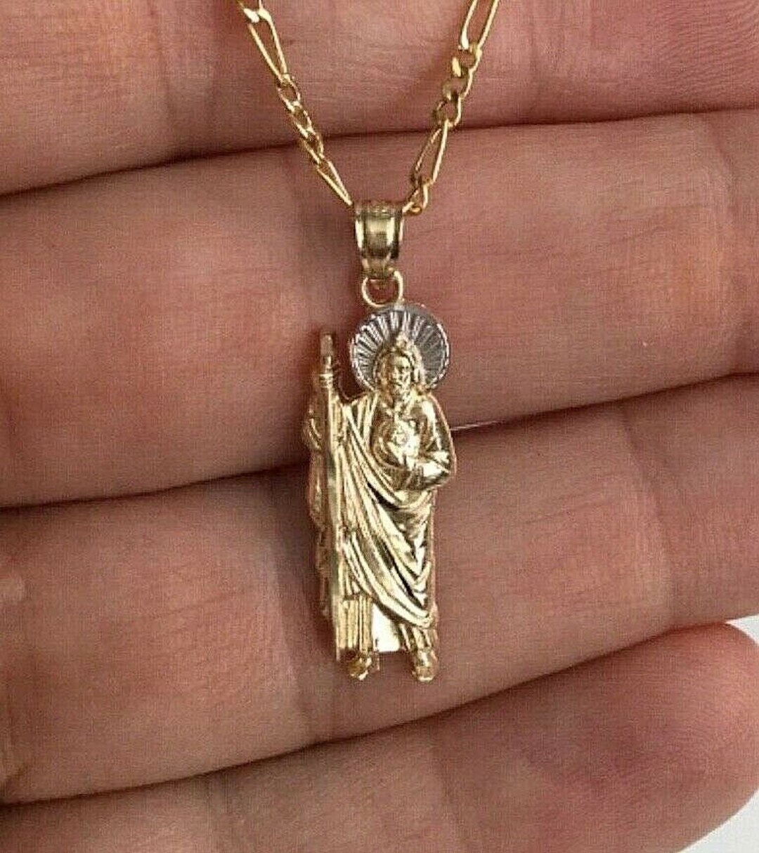 14K Solid Gold Saint Jude Necklace 20 Long 28mm Saint Jude Thaddeus Pendant 14k Real Gold Saint