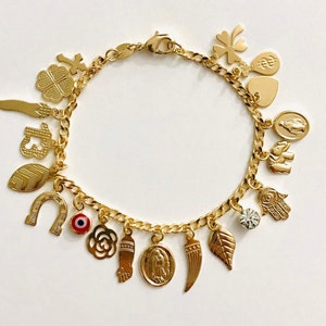 18K Gold Filled Multi Charm Good Luck ,Money Bracelet 7,25" long, Gold Filled Charm/Pulsera de Buena Suerte en Gold Filled 7,25" largo - B91