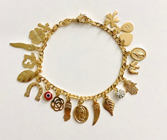 18K Gold Filled Multi Charm Good Luck ,money Bracelet 7,25 Long, Gold  Filled Charm/pulsera De Buena Suerte En Gold Filled 7,25 Largo B91 