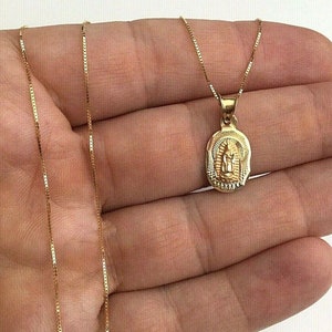 14K Solid Gold Guadalupe Box Chain 20" Necklace, 20mm Virgin Mary Pendant, Dainty, 14k Solid Gold Virgin of Guadalupe 20" Necklace- PT341