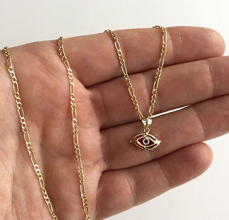 14K Solid Gold Red Evil Eye Necklace 18 Long for good luck 14k Oro Real Cadena de Ojo para buena suerte 18 largo