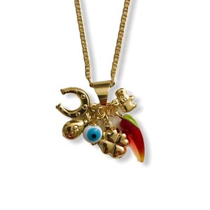 18K Gold Filled Charm Evil Eye, Elephant, Clover Necklace for good luck/18k Gold Filled Cadena de Buena Suerte P107 image 2