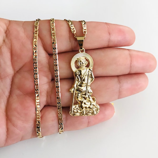 18K Gold Filled Saint Lazarus Necklace, Gold Filled Saint Lazarus Pendant / 18k Gold Filled cadena de San Lazaro, Dije de San Lazaro - P118