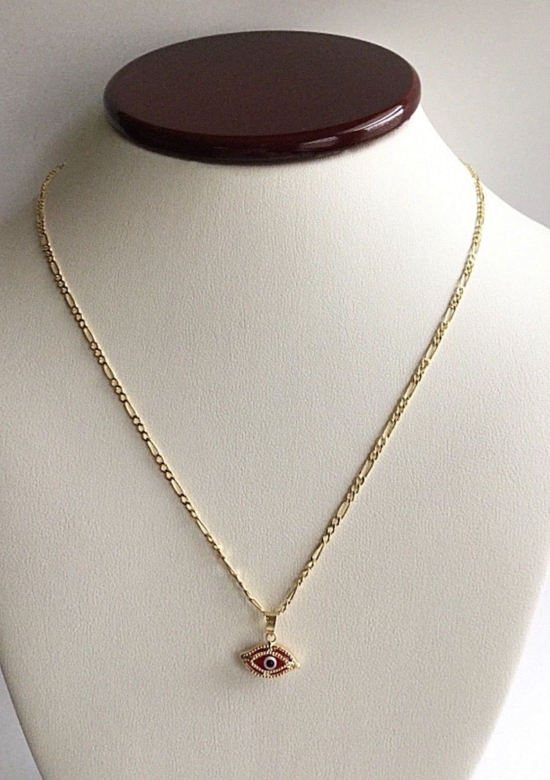 14K Solid Gold Red Evil Eye Necklace 18 Long for good luck 14k Oro Real Cadena de Ojo para buena suerte 18 largo