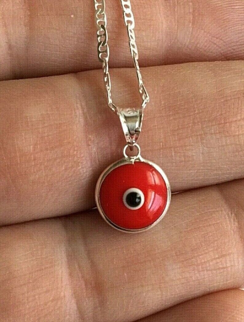 925 Sterling Silver RED Evil Eye Necklace 20 long for good luck Cadena de Rojo Ojo 925 Plata para Buena Suerte 20 largo