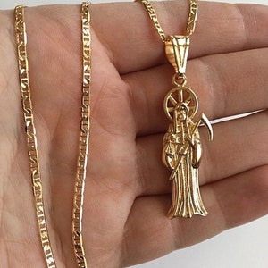 18K gold filled grim reaper necklace 20" long - 52x15mm/ 18k gold filled cadena de santa muerte 20" largo-P77