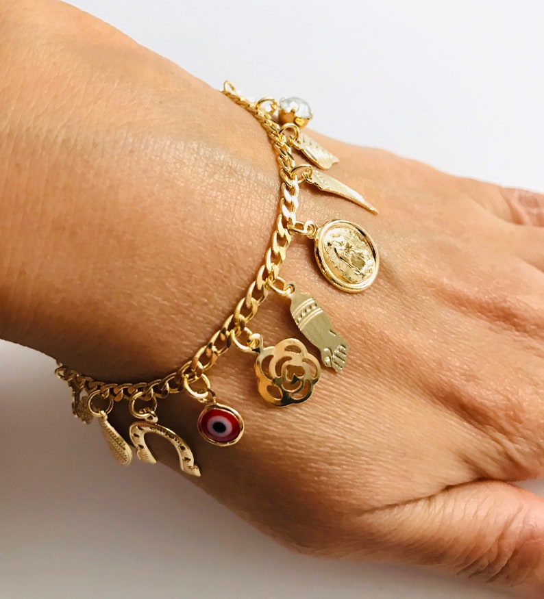 18K Gold Filled Multi Charm Good Luck money Bracelet Etsy
