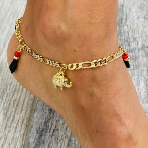 18k gold filled Azabache,elephant,anklet for good luck,evil eye,protection 9.25”/ tobillera de azabache buena suerte, protección 9.25”- A60