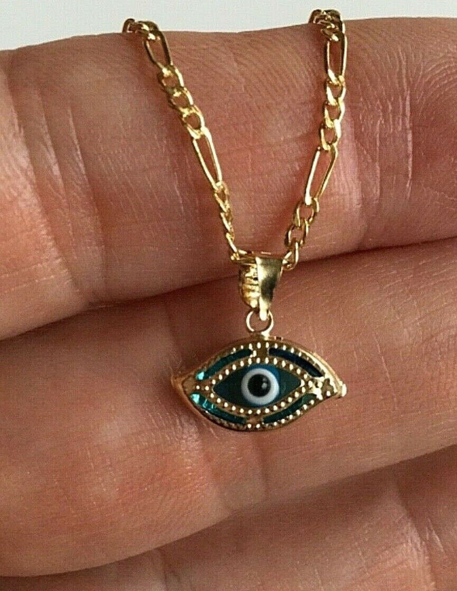 Evil Eye Necklace 14K Gold Plated - Blue Eye Pendant, 17.7+2" Chain, Cubic Zirconia, Lucky Jewelry Gift