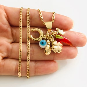 18K Gold Filled Charm Evil Eye, Elephant, Clover Necklace for good luck/18k Gold Filled Cadena de Buena Suerte P107 image 1