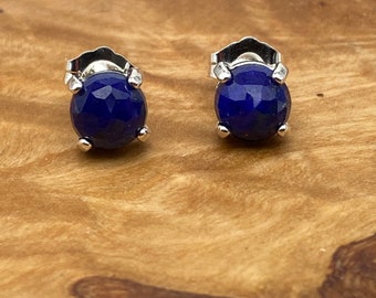 6mm Natural Lapis Lazuli Pierced Earrings in 4 Prong Stud Setting Sterling Silver Butterfly Backs Round Cut Gemstones