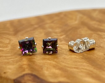 4mm Natural Mystic Topaz Pierced Earrings in 4 Prong Stud Setting Sterling Silver Butterfly Backs .60 cttw Cushion Cut Gemstones