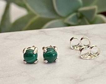 5mm Natural Malachite  Pierced Earrings in Round Cut Cabochon Stud Sterling Silver settings Handmade in USA