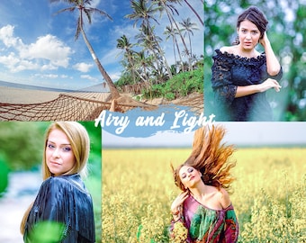 May include: A collage featuring a beach scene with a hammock, palm trees, and blue sky. The image also includes portraits of women in various outdoor settings. The text "Airy and Light" is superimposed on the image.