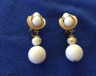 White Beaded Clip Earrings