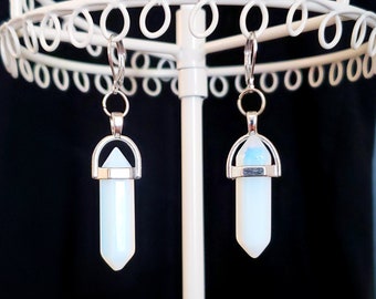 Opalite Earrings Blue White Crystal Points Silver Setting Light Jewelry Milky Crystals Boho Bohemian