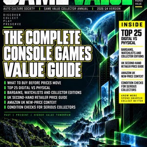 May include: The Game Value Collector Annual 2026 Q4 Version guide features a futuristic digital landscape with glowing green structures and waterfalls. The cover text includes The Complete Console Games Value Guide, listing platforms like Xbox One, 360, PS2, PS3, PS4, and PS5.