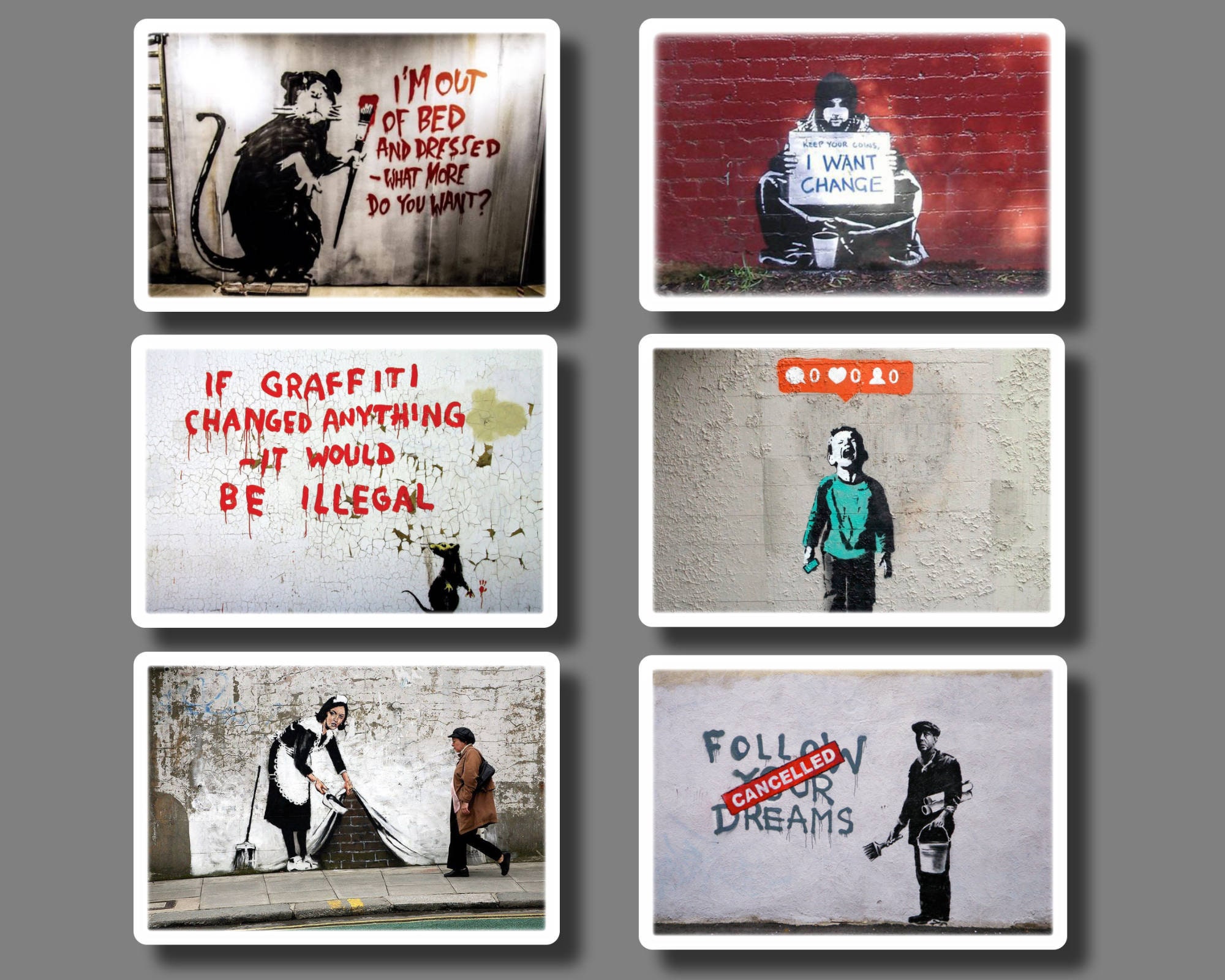 Banksy Art Sticker Set. 6 Gloss Stickers. Rectangular 5cm in Etsy