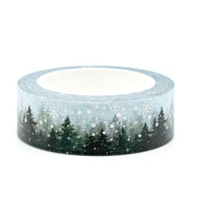 Ruban adhésif washi enneigé, paysage d'arbre, forêt ombragée, ruban adhésif décoratif pour bordures d'arbres, ruban de calendrier hivernal, ruban adhésif pour emballage cadeau | R-GH3-011