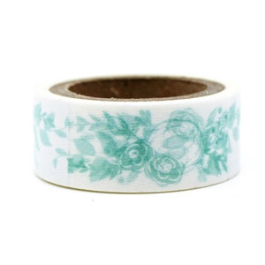 Light Blue Floral Leaf Sprig Pattern Washi Tape, Teal White Adhesive Tape, Scrapbooking Craft Supplies Tape, Cards, Paper Tape // R-M140