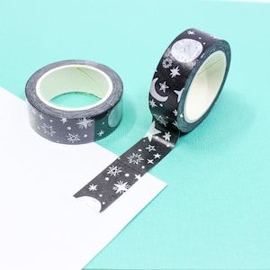 Zwarte maan & sterren patroon Washi tape, interstellaire papieren tape, hemelse journaling tapes, zwarte maan Sky Washi | BBB-benodigdheden | R-GH770