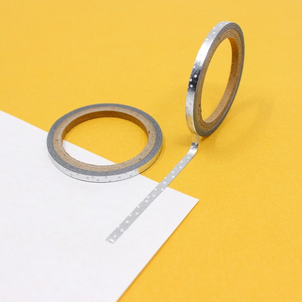 Thin Silver Foil Random Dots Washi Tape, Narrow Silver Foil Dots Paper Tape, Slim Silver Foil Border Journaling Tape | BBB Supplies | R-M376