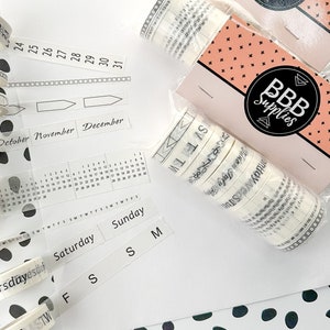 Kolekcja kalendarzy czarno-białych, taśma washi miesięczna, taśma washi dzienna, kalendarz washi, planer washi, to do washi | BBB SUPPLIES | R-ST020