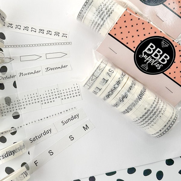 Black and White Calendar Collection, Month Washi Tape, Day Washi Tape, Calendar Washi, Planner Washi, To Do Washi // BBB SUPPLIES //R-ST020