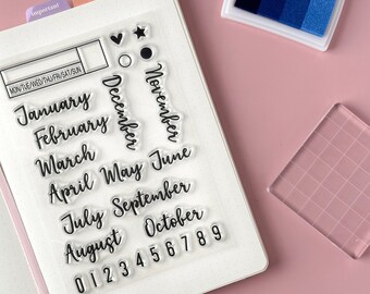 Cursive Months Stamp, Weekday Journal Stamps, Planner Stamps, Calendar Months and Numbers in Modern Script Stamp Set | BBB Supplies | SP006