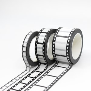 Cinta adhesiva washi en blanco y negro, cinta de papel delgada con forma de rollo de película, cinta de papel para álbumes de recortes con película de cámara vintage ancha // R-GH124